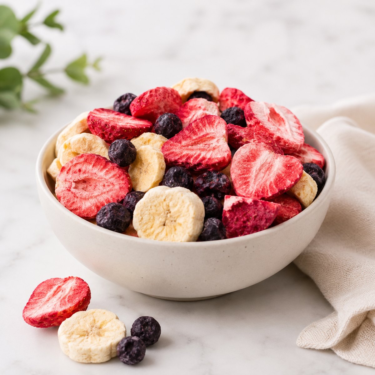 Bowl of freeze-dried strawberries, bananas, and blueberries
