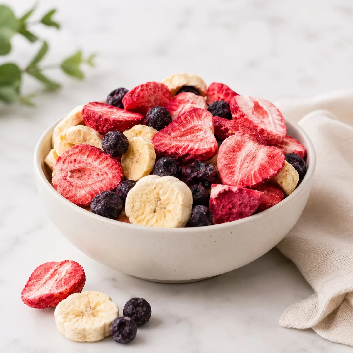 Bowl of freeze-dried strawberries, bananas, and blueberries